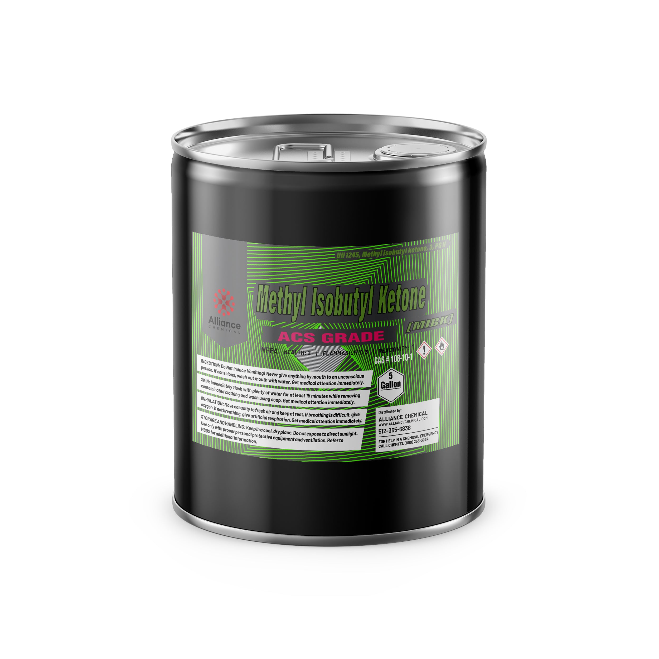 5-gallon metal drum of ACS grade Methyl Isobutyl Ketone (MIBK) with flammability warning symbols, green label, and safety information by Alliance Chemical.